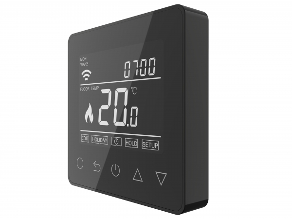 Onyx Black Touch Screen Thermostat Underfloor Heating Side Angle
